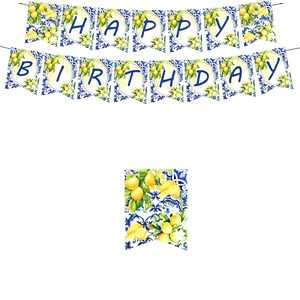 Lemon and Mediterranean tile Happy Birthday banner for summer party decoration