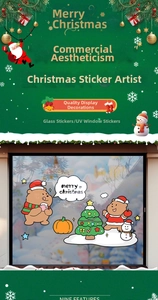 Detail of Christmas window stickers featuring cartoon bears and UV-printed festive patterns