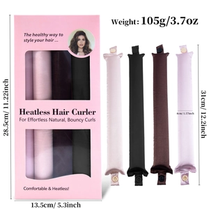 4-pack heatless hair curlers set with snap buttons in box, pink black brown and purple