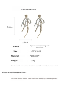 Detailed view of silver needle bow tassel earrings with dimensions and crystal specs