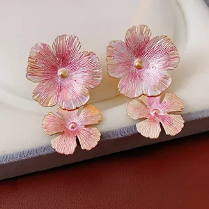 Vintage Pink Gradient Enamel Flower Drop Earrings For Women Elegant Alloy Jewelry With Silver Earring Post