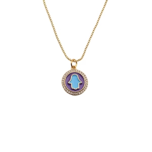 Golden necklace with round pendant featuring a colorful enamel Hand of Fatima design