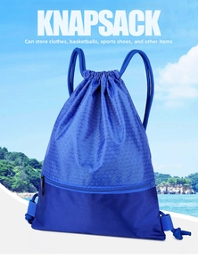 Blue nylon drawstring backpack with honeycomb texture and side zipper pocket details