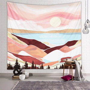 Close-up of abstract mountain landscape tapestry with moon and black pine tree silhouettes