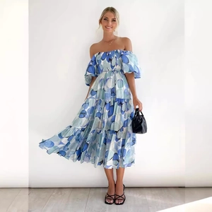 Summer puff sleeve off-shoulder floral midi dress in blue and white abstract print
