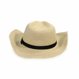 Close-up of the beige woven texture and black ribbon band on a cowboy straw hat