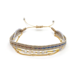 Multilayer bohemian Miyuki bead and woven strap bracelet with gold chain accents