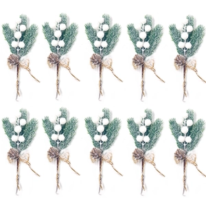 Set of 10 snowy pine needle picks with cones and white berries for Christmas DIY decor