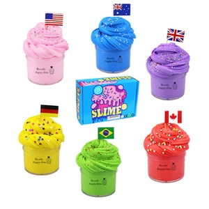 Set of 6 colorful slime jars with national flags and glitter in retail packaging