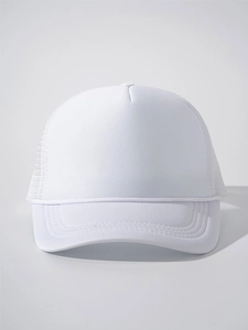 Front view of a white breathable mesh trucker hat with foam front and adjustable snapback