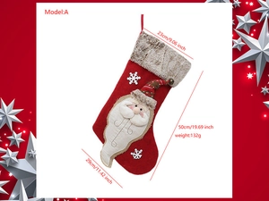 Detailed size specifications for red Christmas stocking with Santa Claus 3D character