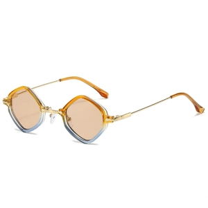 Retro geometric sunglasses with blue amber gradient frames and slim gold metal temples