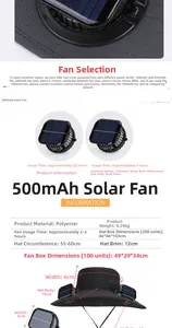 Detailed chart showing solar powered wide brim sun hat dimensions and battery life specs