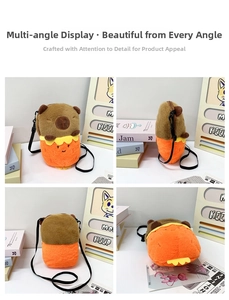 Detailed views of Capybara shrimp plush crossbody bag with adjustable black strap
