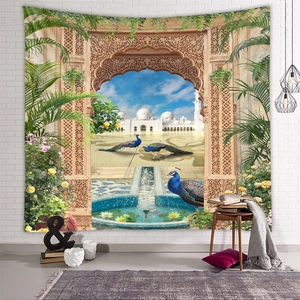Detailed exotic tapestry showing Islamic arches and peacocks on white brick wall decor