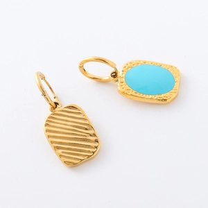 Golden square drop earrings with turquoise enamel and hammered metal texture details
