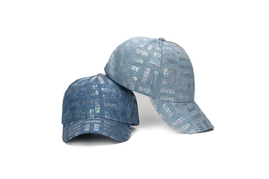 Detail of denim baseball caps with colorful iridescent Queen letter print on crown