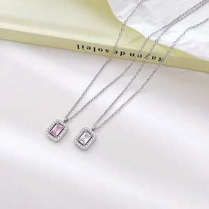 Minimalist square zircon necklaces in pink and white stones on a delicate silver chain