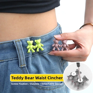 Detail of bear shaped waist buckles with screw fastening for denim jeans adjustment