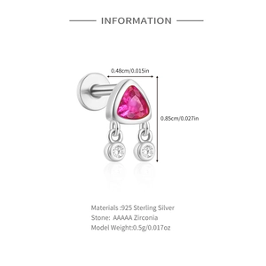 Detailed size specifications for S925 sterling silver piercing stud with pink zirconia