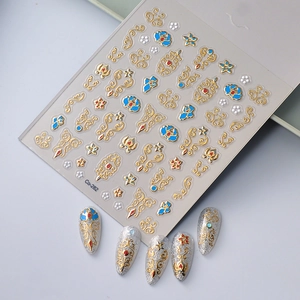 Exotic new Chinese style gold foil nail stickers with blue and red floral patterns