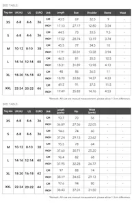 Detailed size chart for Y2K crop top and trousers set showing measurements in cm and inches