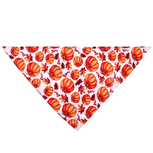Détail du bandana pour chien avec imprimés citrouille et feuilles d'érable sur tissu orange