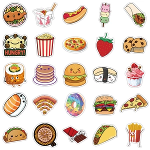Macro display of 25 cute waterproof food stickers featuring pizza, sushi, and donuts