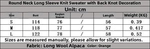 Size chart table for long sleeve back tie knit sweater in orange longhair alpaca