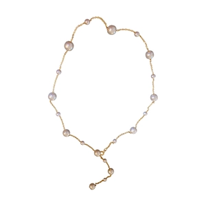 Elegant gold chain necklace with layered lavender pearls in a minimalist French style design