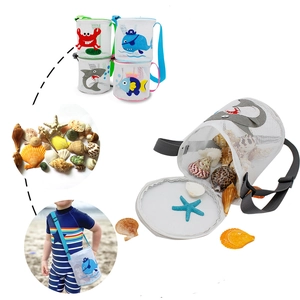 Detailed view of kids' mesh beach bags with cartoon prints and adjustable shoulder straps
