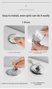 Detail guide showing 4 steps to install the silver flower toilet flush button sticker