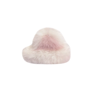 Cute off-white fuzzy cat ear bucket hat made of soft faux fur for winter warmth