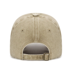 Vintage washed khaki baseball cap with adjustable metal buckle on back, distressed cotton