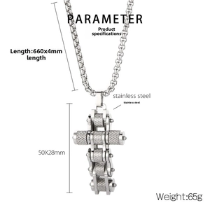 Detailed specs of industrial bicycle chain cross pendant in silver stainless steel