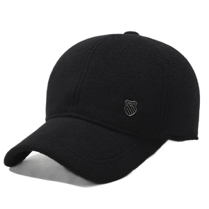 Men's winter baseball cap with ear protection in black thick wool fabric