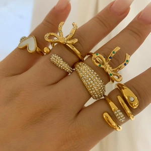 Stainless Steel Rings For Women Rhinestone Zircon Bow Heart Snake Design Adjustable Open Fashion Jewelry