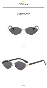 Detailed front and 45-degree side view of vintage gold metal polygon sunglasses with black lenses