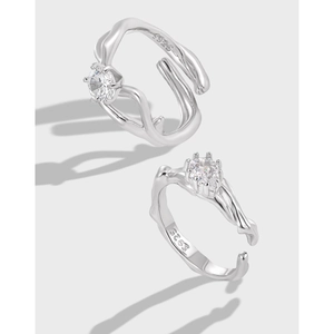 Elegant wave-shaped S925 sterling silver open rings with sparkling zircon inlay for women