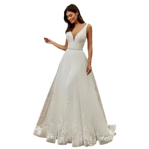 Robe de mariée élégante à col en V avec broderie en dentelle et ceinture en perles blanche