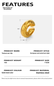 Detail view of 18K gold plated stainless steel textured earrings with size dimensions
