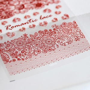 Romantic red lace nail art stickers with floral and heart patterns, model KK016