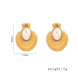 Elegant gold oval pearl stud earrings with textured fan design, size 15mm by 14mm