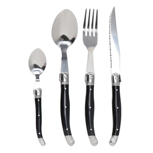 Laguiole style 4-piece stainless steel cutlery set with black riveted handles and bee crest