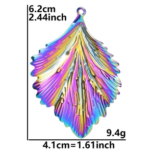 Rainbow leaf pendant showing dimensional measurements and vacuum plated metal texture