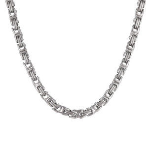 Detailed close-up of a silver Byzantine link chain made of high-quality stainless steel