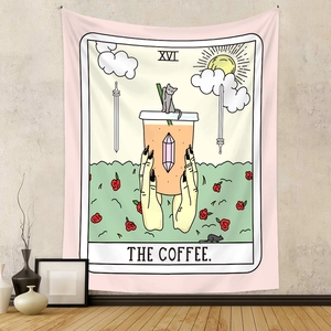 Detail of tarot style 'The Coffee' tapestry hanging on a textured beige wall