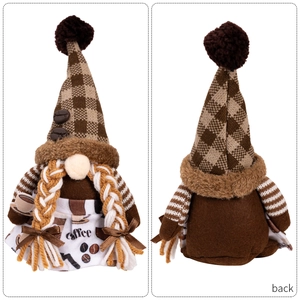 Front and back view of a coffee themed gnome doll with knitted hat and apron