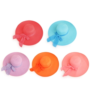 Wide brim straw sun hats with ribbons in red, blue, purple, orange and pink colors