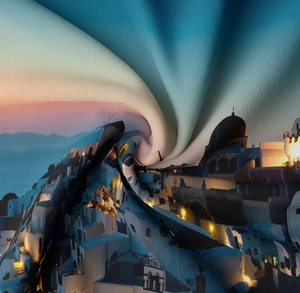 Detail of Santorini digital print fabric showing soft texture and vibrant sunset landscape